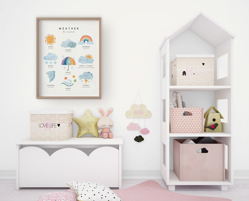 May include: A white bookshelf with a house-shaped design, featuring three shelves. The shelves are decorated with pink and beige storage boxes, a birdhouse, and a framed illustration of weather icons. The illustration includes icons for sunny, cloudy, rainy, snowy, windy, stormy, and rainbow weather conditions. The text "WEATHER" is written at the top of the illustration.