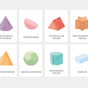 Pu&ograve; includere: Un set di otto illustrazioni ad acquerello di diverse forme geometriche, tra cui una piramide esagonale, un emisfero, un prisma triangolare, un prisma pentagrammico, un tetraedro, un dodecaedro, un prisma esagonale e un parallelepipedo.