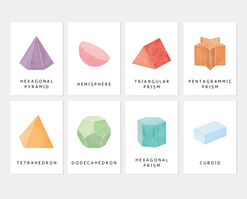 Pu&ograve; includere: Un set di otto illustrazioni ad acquerello di diverse forme geometriche, tra cui una piramide esagonale, un emisfero, un prisma triangolare, un prisma pentagrammico, un tetraedro, un dodecaedro, un prisma esagonale e un parallelepipedo.