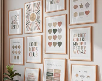 Galería de pared estética para sala de juegos, pósteres neutros para sala de juegos, lámina del sol sonriente, decoración infantil en tonos tierra, alfabeto, descarga digital, N62