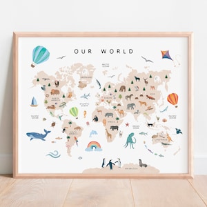 Weltkarte der Tiere, Kinderzimmer, Safari Tiere, Lernposter, Montessori Materialien, Kinderposter, DIGITALER DOWNLOAD
