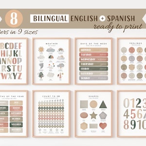 8 Bilingual Spanish Educational Posters, Neutral Spanish Posters, Set of 8 Educational Posters,  Homeschool Printables, Digital Download