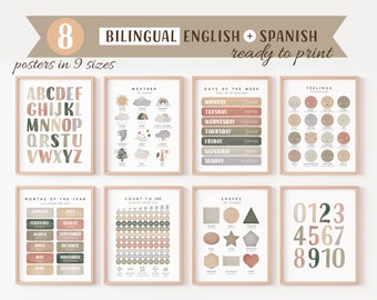 8 Bilingual Spanish Educational Posters, Neutral Spanish Posters, Set of 8 Educational Posters,  Homeschool Printables, Digital Download