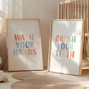 Wash Your Hands, Brush Your Teeth, Bathroom Wall Decor, Funny Bathroom Sign, Hygiene Reminder Print, Daily Routine Posters, DIGITAL DOWNLOAD