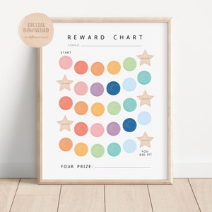 May include: A printable reward chart with a colorful rainbow design. The chart has a section for a name, a start section with 25 circles, and a "You Did It!" section. The chart also has a section for a prize.