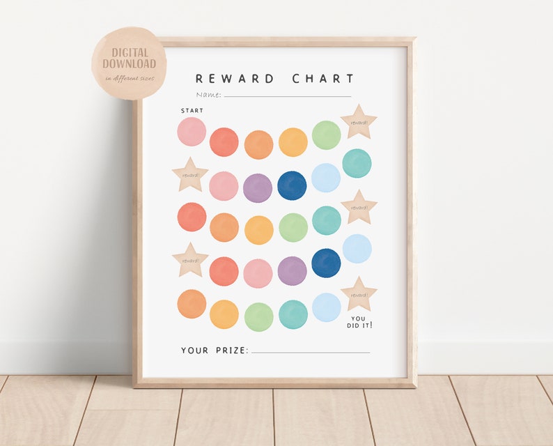 May include: A printable reward chart with a colorful rainbow design. The chart has a section for a name, a start section with 25 circles, and a "You Did It!" section. The chart also has a section for a prize.