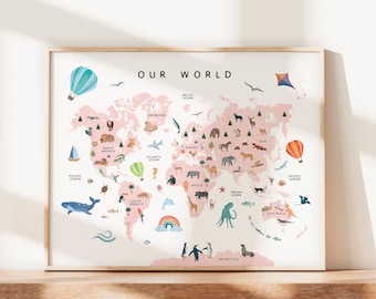World Map, Pink Nursery Map, Jungle Animals, Educational Poster, Nursery Wall Decor, Homeschool Wall Decor, DIGITAL DOWNLOAD