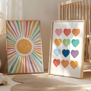 2er Set Regenbogen Spielzimmer Poster, Sonne Poster, Aquarell Kinderzimmer Dekor, Regenbogen Herzen, Aquarell Sonne Druck, Digitaler Download N99