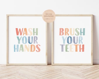 Wash Your Hands Print, Brush Yout Teeth, Bathroom Poster, Printable Wall Art, Educational art, Bathroom Rules Poster, DIGITAL DOWNLOAD