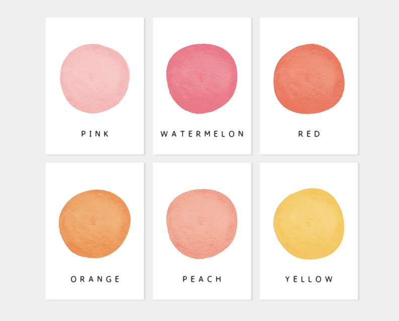 May include: Six watercolour swatches in different shades of pink, red, orange, peach, and yellow. Each swatch is labelled with its corresponding colour name.