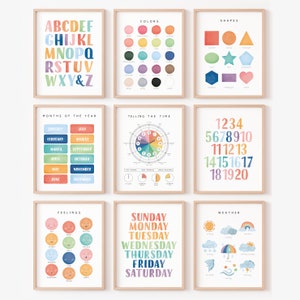Set di 9 poster per sala giochi, poster educativi Montessori, decorazioni per la classe, arte da parete stampabile per l'asilo nido, download digitale, N01