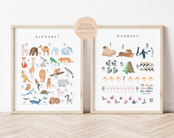 Set of 2 Educational Posters, Animal Alphabet, Homeschool Printables, Classroom Posters, Kids Room Decor, DIGITAL DOWNLOAD