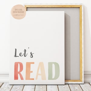 Let&#39;s Read Sign, Rainbow Playroom Decor, Toddler Wall Art, Kids Room Decor, Homeschool Decor, Nursery wall art, Digital Download