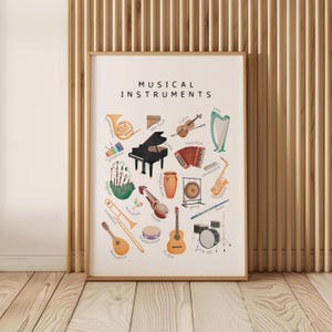 Rainbow musical instruments poster featuring illustrated instruments for music classroom decor and early music education
