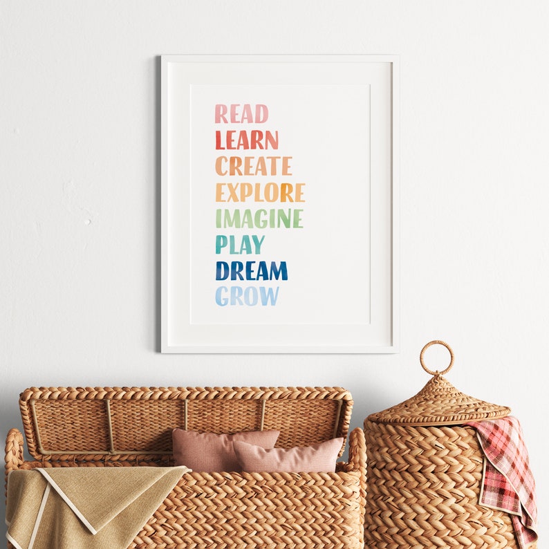 Play All Day, Let's read, let's play, nursery wall decor, rainbow playroom wall art baby room decor, classroom posters, teacher printable, educational poster.