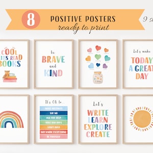 Inspirational Positive Motivational Prints, Set Of 8 Positive Posters, 8 Homeschool Prints, Toddler Playroom Decor, Digital Download