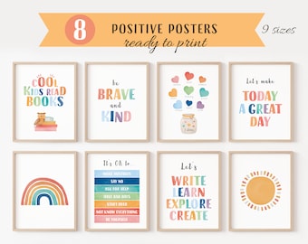 Inspirational Positive Motivational Prints, Set Of 8 Positive Posters, 8 Homeschool Prints, Toddler Playroom Decor, Digital Download