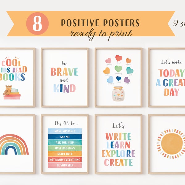 Inspirational Positive Motivational Prints, Set Of 8 Positive Posters, 8 Homeschool Prints, Toddler Playroom Decor, Digital Download