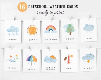 16 tarjetas meteorológicas / Tarjetas didácticas Montessori / Tarjetas preescolares / Tarjetas educativas imprimibles con el arcoíris / Descarga instantánea