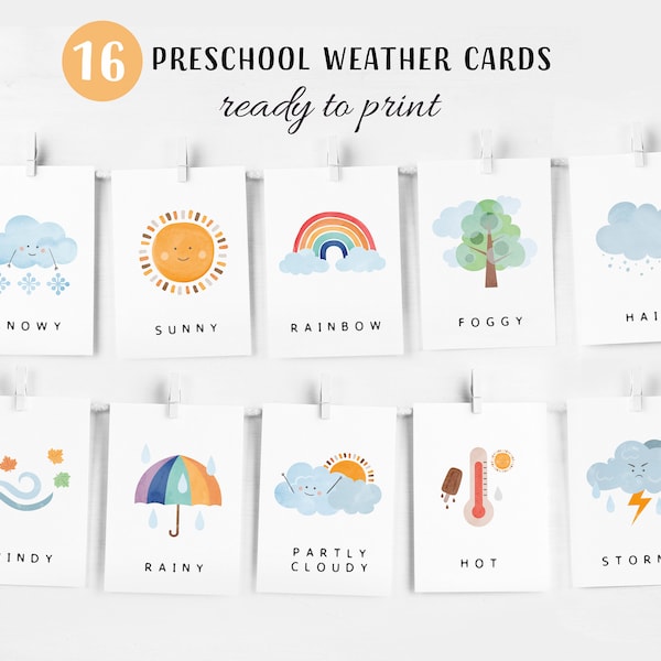 16 Weather Cards | Montessori flashcards | Pre-School Cards | Rainbow Educational Printable Cards | Instant Download