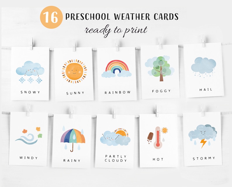 16 Weather Cards | Montessori flashcards | Pre-School Cards | Rainbow Educational Printable Cards | Instant Download image 1