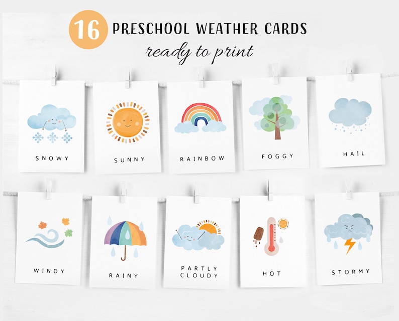 16 Weather Cards Montessori flashcards Pre-School Cards Rainbow Educational Printable Cards Instant Download image 1