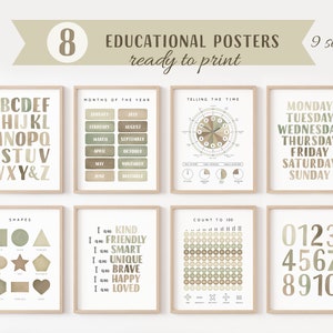 Set Lernposter, 8 Homeschool Drucke, Montessori Klassenzimmer Dekor, Neutrales Kinder Dekor, Kleinkind Spielzimmer Dekor, digitaler Download