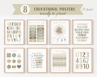 Set Of Educational Posters, 8 Homeschool Prints, Montessori Classroom Decor, Neutral Kids Decor, Toddler Playroom Decor, Digital Download