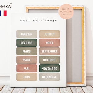 French Educational Poster, French Classroom Printables, Months Of The Week Poster, Playroom Poster, Learning Poster, Digital Download