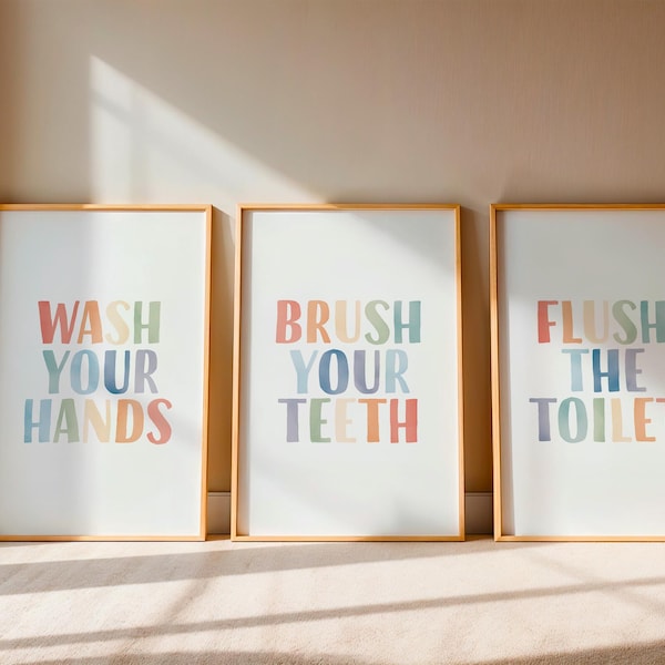 Bathroom Routine Poster Set of 3, Wash Your Hands Brush Your Teeth Flush the Toilet, Kids Hygiene Wall Art, Bathroom Decor, Digital Download
