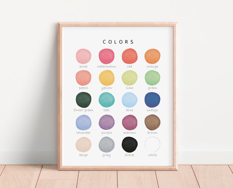 Educational color recognition poster with pastel circles and names