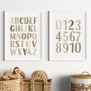 Educational Posters, Green Alphabet Poster, Watercolor Numbers Print, Playroom Posters, Nursery Wall Decor, Homeschooling, Digital Download
