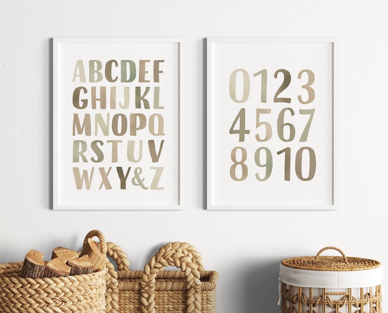 Educational Posters, Green Alphabet Poster, Watercolor Numbers Print, Playroom Posters, Nursery Wall Decor, Homeschooling, Digital Download