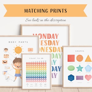 May include: Set of five printable educational posters for kids. The posters feature colorful illustrations of body parts, days of the week, shapes, and a count to 100 chart. The posters are perfect for learning and decorating a child's room.