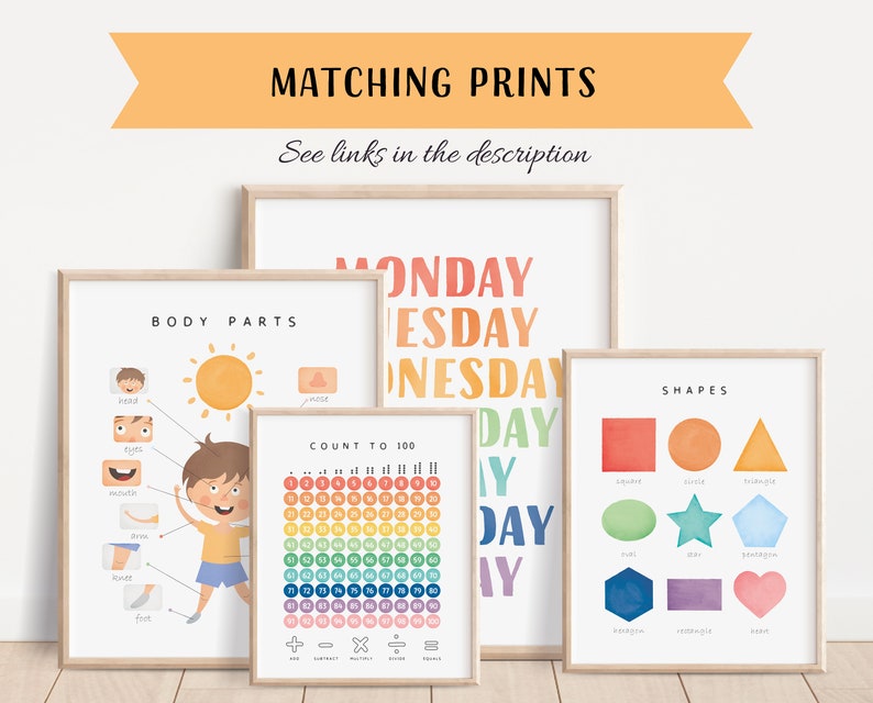 May include: Set of five printable educational posters for kids. The posters feature colorful illustrations of body parts, days of the week, shapes, and a count to 100 chart. The posters are perfect for learning and decorating a child's room.