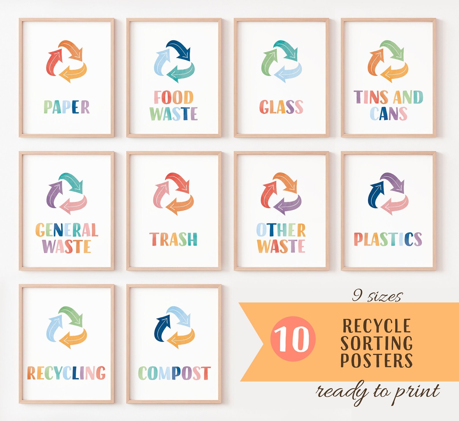 Poster Rycle 10 Recycle Sorting Posters, Bin Sorting Prints, Bin Signs, Waste ...