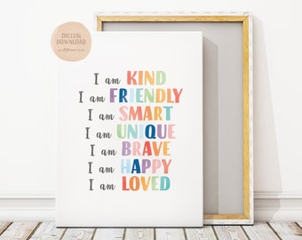 Kids Positive Affirmation Wall Art, Daily Affirmations Poster, Positive Playroom, Printable Wall Art, Motivational Poster, DIGITAL DOWNLOAD