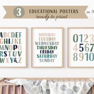 Set Of Educational Posters, 3 Homeschool Prints, Montessori Classroom Decor, Neutral Kids Decor, Toddler Playroom Decor, Digital Download