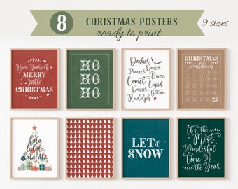 Puede incluir: Ocho pósters navideños imprimibles en varios diseños. Los pósters presentan texto festivo, incluyendo "Ho Ho Ho", "Let it Snow" y "Have Yourself a Merry Little Christmas". Un póster presenta una cuenta atrás de Navidad con los números del 1 al 25.