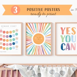 Conjunto de carteles positivos, 3 impresiones de educación en el hogar, tabla para ir al baño, decoración del aula Montessori, decoración para niños arcoíris, descarga digital