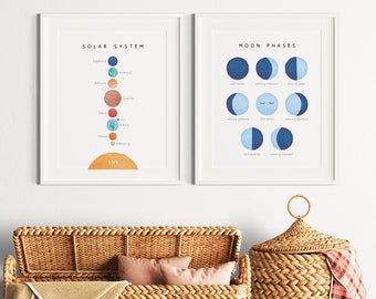 Set of 2 Solar System Prints, Space Nursery Print, Moon Phases Print, Educational Poster, Montessori Nursery, Digital Download