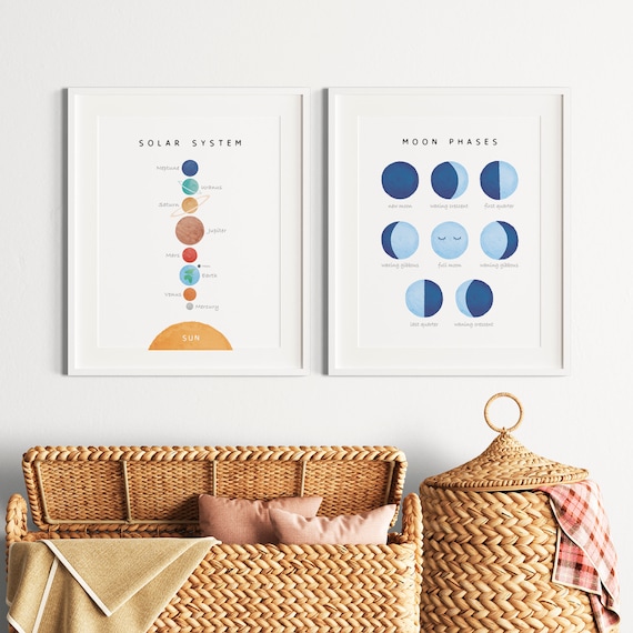 Set of 2 Solar System Prints, Space Nursery Print, Moon Phases Print, Educational Poster, Montessori Nursery, Digital Download