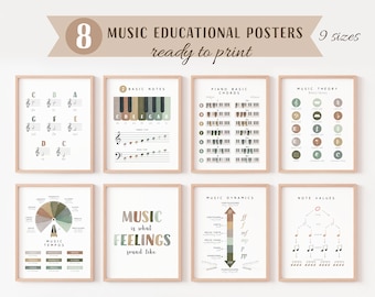 May include: Set of eight printable music educational posters in a minimalist style with green and brown accents. The posters include topics such as basic notes, piano chords, music theory, music tempos, music dynamics, and note values. The text on the posters reads "Music Educational Posters", "Basic Notes", "Piano Basic Chords", "Music Theory", "Music Tempos", "Music Dynamics", "Note Values", "Music is what Feelings sound like".