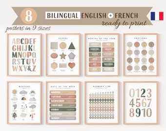 8 Bilingual French Educational Posters, Neutral French Posters, Set of 8 Educational Posters,  Homeschool Printables, Digital Download