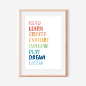 Play All Day, Let's read, let's play, nursery wall decor, rainbow playroom wall art baby room decor, classroom posters, teacher printable, educational poster.