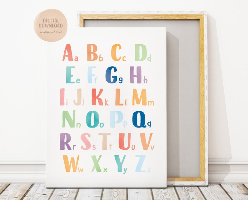May include: A colorful alphabet chart with each letter in a different color. The letters are in uppercase and lowercase, and the chart is on a white background.