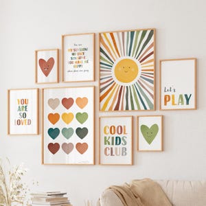 Set von 8 Spielzimmer Poster, Sonne Spielzimmer Poster, Regenbogen Kinderzimmer Wand Dekor, Play All Day, You Are My Sunshine, Digitaler Download, N94