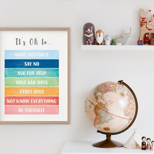 Op de afbeelding: Een ingelijst afdruk met een aquarel achtergrond en de tekst "It's OK to..." gevolgd door een lijst met zinnen: "Make Mistakes", "Say No", "Ask for Help", "Have Bad Days", "Start Over", "Not Know Everything", en "Be Yourself".