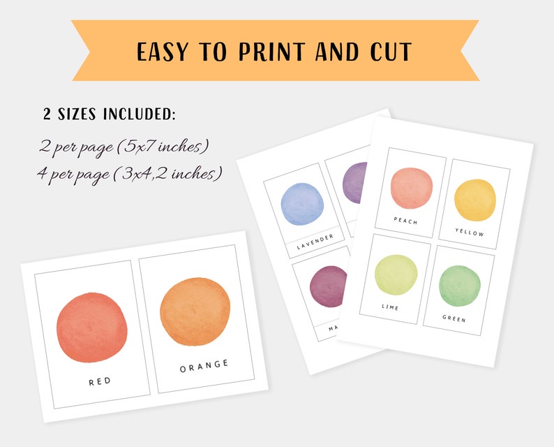 May include: Printable colour chart with 8 different colours, including red, orange, lavender, peach, yellow, lime, green, and magenta. The chart is designed to be printed and cut out, with two sizes included: 2 per page (5x7 inches) and 4 per page (3x4.2 inches).
