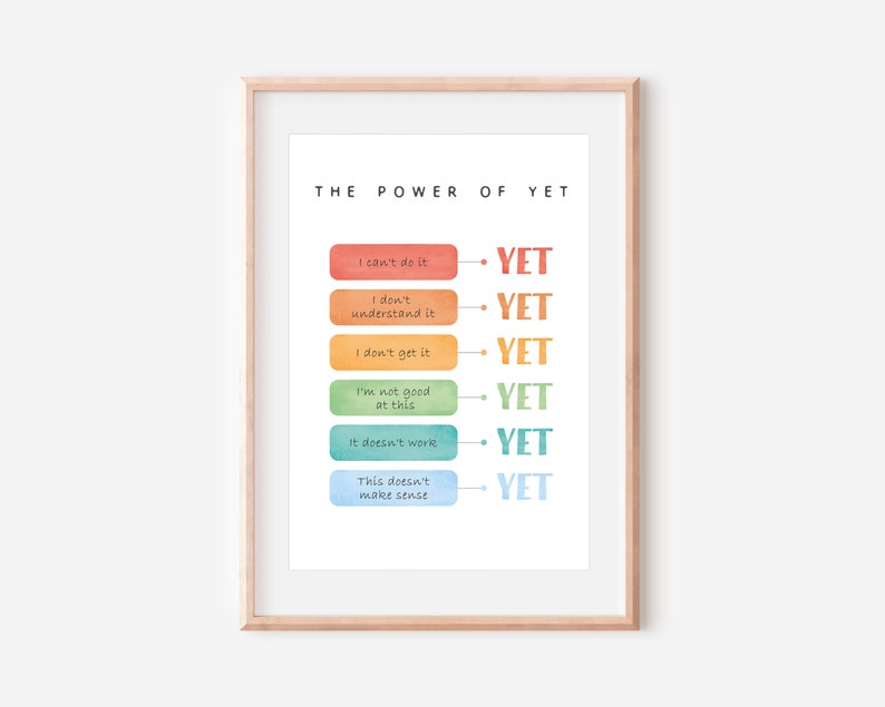 May include: A motivational poster with the text "THE POWER OF YET" and a list of phrases like "I can't do it YET" and "I don't understand it YET" in colorful boxes.